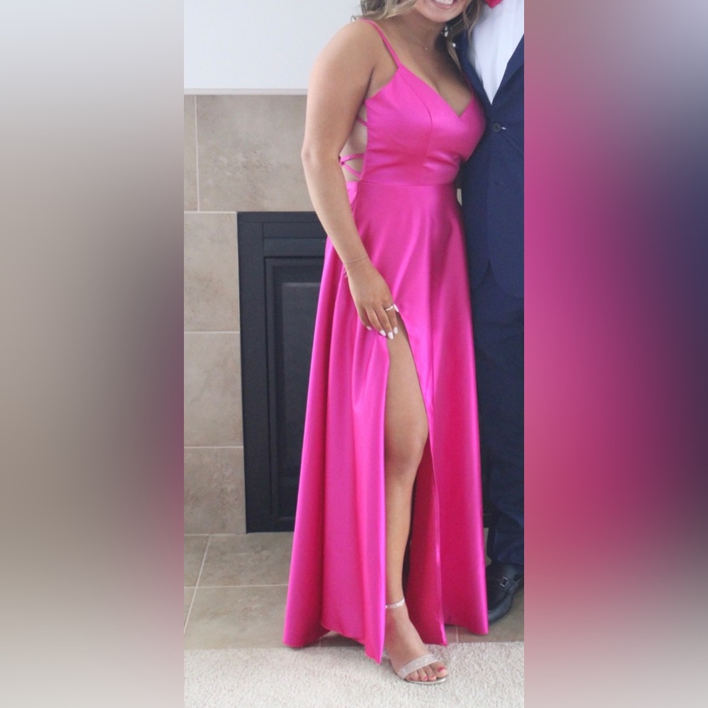 Jules & Cleo hot pink long prom dress lace back size 8